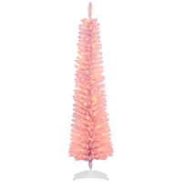 HOMCOM 5' Prelit Christmas Tree, Pencil Artificial Christmas Tree with Colorful Surface Branches, Colorful LED Lights, Pink