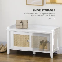 HOMCOM Entry Way Bench Shoe Storage Bench with Shoe Cabinets 2 Rattan Sliding Doors and Pine Wood Legs for Hallway White(m-5)