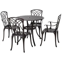 Outsunny 5 Pieces Outdoor Dining Set, Cast Aluminium Patio Table and Chairs with Parasol Hole, Patio Dining Set for 4, Brown(m-2)