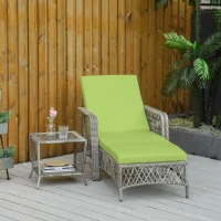 Outsunny 2 Pieces Wicker Patio Lounge Set w/ Cushions, Outdoor PE Rattan Sun Lounger Sets w/ 5-Level Reclining Chaise Chair & Two-tier Glass Top Coffee Table, Green(m-8)