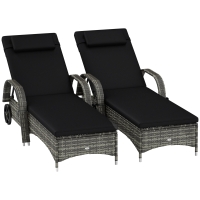 Outsunny 2 Reclining Chaise Lounge Chairs, Rolling Outdoor Chairs with Cushion, Pillow, Headrest, Armrests, and Wheels, Black