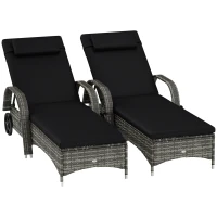 Outsunny 2 Reclining Chaise Lounge Chairs, Rolling Outdoor Chairs with Cushion, Pillow, Headrest, Armrests, and Wheels, Black(m-1)