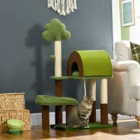 PawHut 42" Cat Tree with Scratching Posts, Cat Tower for Indoor Cats with Bed, House, Toy, Forest Themed, Green(m-8)