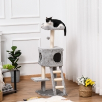 PawHut 47" Tall Cat Tree Tower with Condo, Ladder, Scratching Posts and Hanging Ball, Light Grey