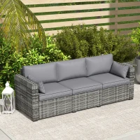 Outsunny 3 Seater Wicker Sofa with Side Trays, Outdoor Patio Couch with 6" Thick Back Cushions, Deep Seating, Mixed Gray(m-8)