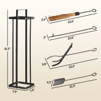Outsunny 5 Piece Metal Fireplace Tools Set with Brush Broom, Poker, Shovel, Tongs, and Stand for Indoor or Outdoor, Black(m-3)