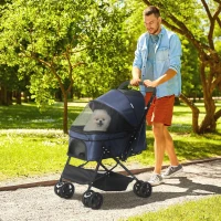 PawHut 4 Wheels Pet Stroller with Reversible Handle, Foldable Cat Dog Travel Carriage with EVA Wheel Brake, 3-stage Canopy, Mesh Window Door, Dark Blue(m-1)