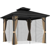 Outsunny 10' x 12' Hardtop Gazebo, Sun Shelter with Double Tier Metal Roof, Mosquito Netting, and Hanging Hook, Dark Brown(m-11)