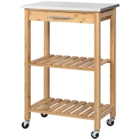 HOMCOM Bamboo Kitchen Cart, Kitchen Island with Stainless Steel Top, Drawer and Slatted Shelves for Dining Room, Natural(m-11)