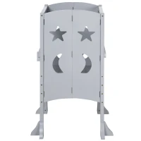 Qaba Wooden Kitchen Step Stool for Kids, Foldable Toddler Tower, Helper Stool for Kitchen Counter with Support Handles Safety Rail, Gray(m-11)