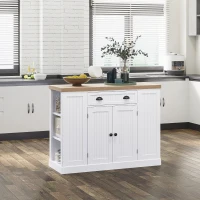 HOMCOM Fluted-Style Wooden Kitchen Island, Storage Cabinet w/ Drawer, Open Shelving, and Interior Shelving for Dining Room, White(m-2)