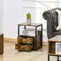 HOMCOM Industrial End Table with 2 Drawers and Open Shelf, Side Table for Living Room, Brown(m-4)