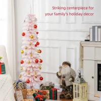 HOMCOM 5ft Snow-Flocked Artificial Christmas Tree, Slim Pencil Xmas Tree with 301 Realistic Branches, Metal Base, Pink(m-4)