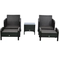 Outsunny 5 Pieces Wicker Patio Furniture Sofa Set Thick Padded Cushions, Outdoor PE Rattan Conversation Coffee Set with Armchairs, Footstools and Glass Top Table, Light Blue(m-7)