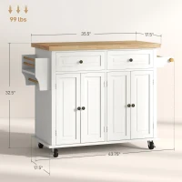 HOMCOM Kitchen Island on Wheels, Rolling Cart with Rubberwood Top, Spice Rack, Towel Rack and Drawers, Cream White(m-3)