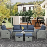 Outsunny 6 Pieces Patio Furniture with Cushions, PE Wicker Sectional Furniture Conversation Set with a 3-Seat Sofa, 2 Recliner Chairs, 2 Footstools, Table, Dark Blue