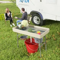 Outsunny 3.4ft Folding Ice Cooler Table with Drain, Fill and Chill Table Outdoor Table Cooler with Storage Shelf, Drink Cooler for Parties Picnic BBQ Camping Wedding, Tan(m-10)