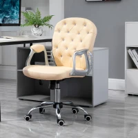 Vinsetto PU Leather Home Office Chair, Button Tufted Desk Chair with Padded Armrests, Adjustable Height and Swivel Wheels, Beige(m-2)