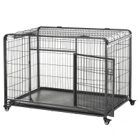 PawHut Folding Dog Crate Heavy Duty Cage for Extra Large Sized Dogs with Double Doors, Lockable Wheels Tray, 49" x 30" x 32"(m-11)