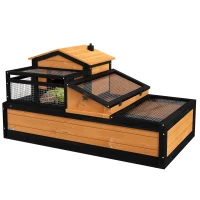 PawHut 3-Room Tortoise House Habitat with Balcony & 2 Stories, Indoor/Outdoor Wooden Tortoise Enclosure with Ladder, Tray, Openable Roof, Large Reptile Cage, 44" x 25.5" x 23", Yellow(m-1)