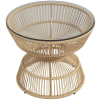 Outsunny Rattan Outdoor Coffee Table, Patio End Table with Tempered Glass Tabletop & Steel Frame, Wicker Furniture, Nature Wood(m-11)