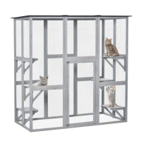 PawHut Large Outdoor Catio Enclosure, Weatherproof Cat House with Asphalt Roof,  Wooden Cat Patio Cage with 6 Balanced Platforms, 71" x 39" x 71", Grey(m-12)