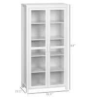HOMCOM 63" Kitchen Pantry Cabinet, Freestanding Storage Cabinet, Display Cabinet with 2 Glass Door and 2 Adjustable Shelves for Dining Room, White(m-3)