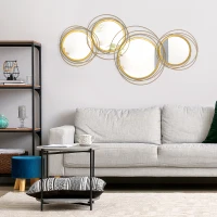 HOMCOM Metal Wall Art Gold Frame Circle Bathroom Mirror Decor Home Hanging Wall Sculptures for Living Room Bedroom Dining Room, 42.25" W x 22" H, Gold(m-8)