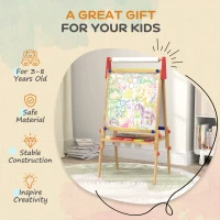 Qaba 3 in 1 Easel for Kids with Paper Roll, Whiteboard, Chalkboard, Double Sided & Adjustable Height, Nature Wood(m-7)