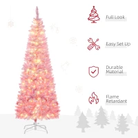 HOMCOM 6 Foot Prelit Snow Flocked Artificial Christmas Tree with Pencil Shape, 500 Pine Realistic Branches, Warm White LED lights, Auto Open, Pink and White(m-4)