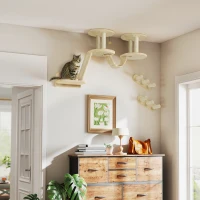 PawHut 3pc Cat Wall Shelves w/ Scratching Post, Perches, Ladder, Steps & Scratching Board, Beige(m-2)