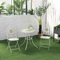 Outsunny 3 Piece Patio Bistro Set, Floral Mosaic Pattern, Metal Folding Chairs, Foldable Outdoor Dining Table for Coffee, Decor, Garden, Poolside, Porch, White(m-2)