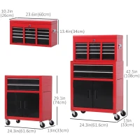 HOMCOM 6-Drawer Rolling Tool Chest, 2 in 1 Lockable Storage Cabinet with Hooks, Metal Tool Box for Garage, Workshop, Red(m-3)