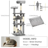 PawHut 52" Multi-Level Cat Tree Tower, Kitten Scratcher Activity Center Play House with Hammock - Grey(m-3)