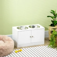 PawHut Elevated Dog Bowls for Large Dogs Pet Feeding Station with Stand, Storage, 2 Stainless Steel Food and Water Bowls, White, 23.6" x 11.8" x 14"(m-8)