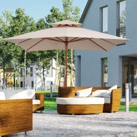 Outsunny 10x10ft Wood Square Patio Umbrella Garden Market Parasol Sunshade Canopy with 2 Pulley Pagoda Style, Khaki(m-8)