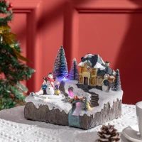 HOMCOM Christmas Village Rotating Skating Pond Animated Winter Wonderland Set with LED Light, Music, Fiber Optic, Battery-Operated Christmas Decoration(m-2)