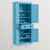 HOMCOM 72" Kitchen Pantry Storage Cabinet, Cupboard w/ 4 Doors and 3 Adjustable Shelves, Large Central Drawer, Dark Blue(m-3)