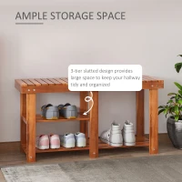 HOMCOM 3-Tier Shoe Rack Bench, Acacia Wood Shoe Organizer, Rustic Entryway Bench with Storage Shelves for Entryway, Hallway, Livingroom, Teak(m-4)