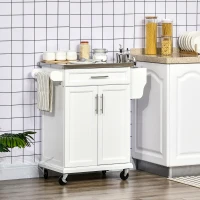 HOMCOM Kitchen Island on Wheels, Rolling Kitchen Cart with Stainless Steel Countertop, Drawer, Towel Rack and Spice Rack, Utility Storage Trolley, White(m-10)