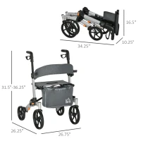 HOMCOM Aluminum Rollator Walker for Seniors and Adults with 10'' Wheels FSA HSA Eligible, Seat and Backrest, Folding Rolling Walker with Adjustable Handle and Storage Bag, Support up to 300lbs, Gray(m-3)