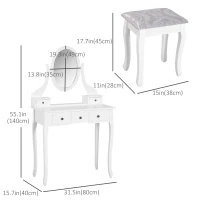 HOMCOM Wooden Vanity Table Set, Makeup Dressing Table with 360° Rotating, 5 Drawers and Padded Stool, White(m-3)