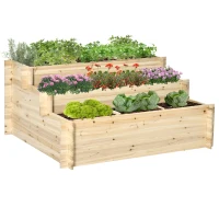 Outsunny 3 Tier Raised Garden Bed with 9 Grow Grids and Bed Liner for Garden, Outdoor to Vegetables, Flowers, Natural(m-11)