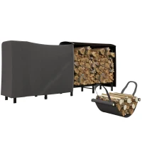 Outsunny 8ft Outdoor Firewood Rack with Cover and Carrier, Adjustable Wood Storage Holder, Indoor Outdoor Log Rack, Black(m-11)