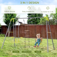 HOMCOM 3 in 1 Kids Metal Swing Set for Backyard with Swing Seat, Glider and Climbing Ladder, Heavy Duty Metal Frame for 4 Children(m-5)