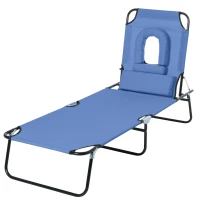 Outsunny Adjustable Outdoor Lounge Chair, Garden Folding Chaise Lounge with Face Hole Reclining Tanning Chair Seat, Folding Camping Beach Lounging Bed w/ Support Pillow, Blue(m-11)