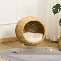 PawHut 20.5" Rattan Cat Bed, Wicker Elevated Round Condo for Comfort and Circulation with Cushion(m-10)