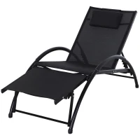 Outsunny Outdoor Lounge Chair with Breathable Mesh Fabric Seat, 5-Level Adjustable Reclining Chair with Aluminum Frame, Headrest Pillow, Adjustable Footrest, Black(m-11)