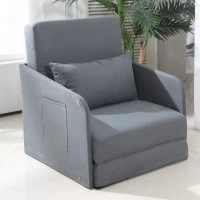 HOMCOM Faux Suede Sofa Bed Single Sofa Armchair Soft Floor Sleeper Lounger Futon Couch W/ Pillow and Pocket, Grey(m-8)