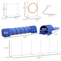 PawHut 7pc Agility Training Equipment for Dogs w/ Tunnels, Weave Poles Adjustable Hurdle, Jumping Ring, Pause Box, Blue(m-3)